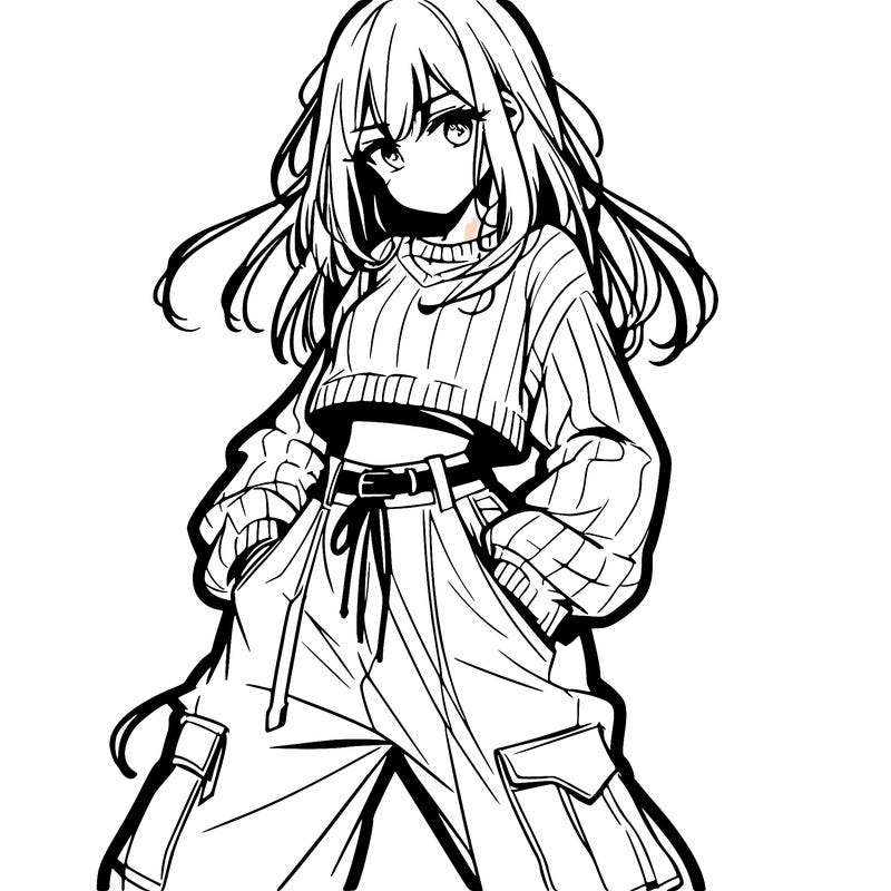 anime teen girl with baggy pants and crop top with sweater