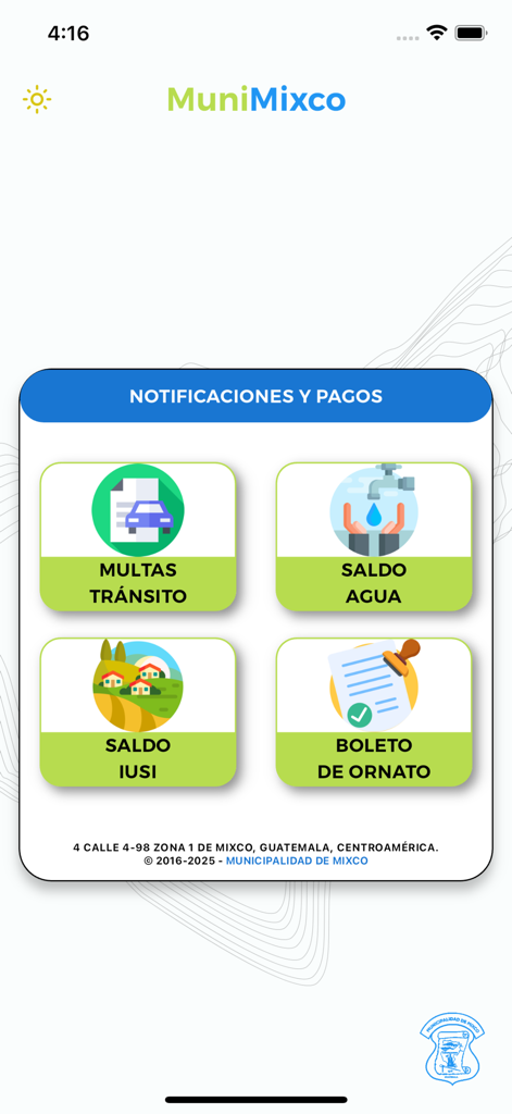 Consultas Mixco - Main dashboard of the Consultas Mixco mobile app showing buttons for traffic fines, water bills, property taxes, and boleto de ornato.