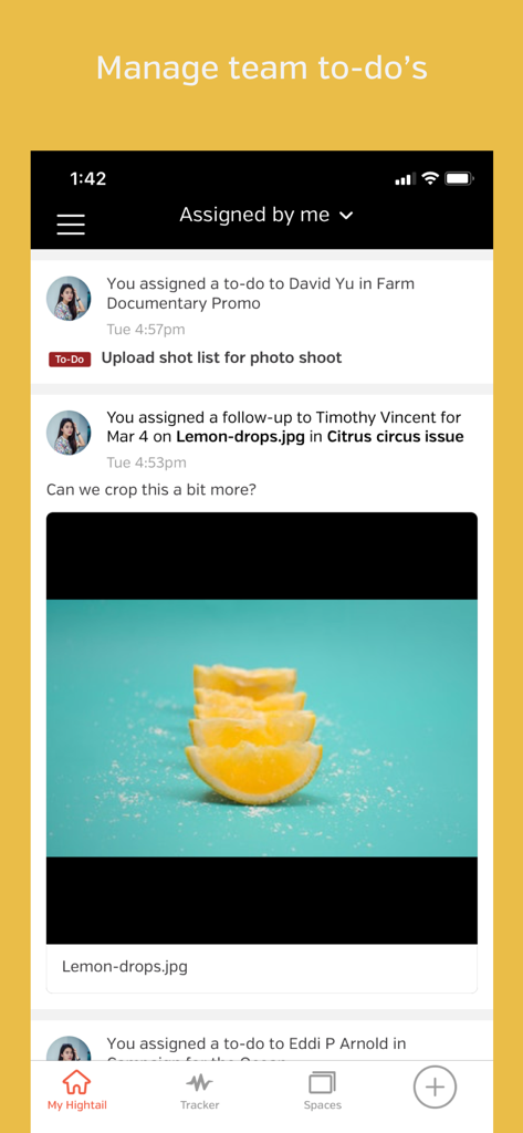 Hightail - Hightail app screen showing a list of assigned tasks and image feedback for creative projects