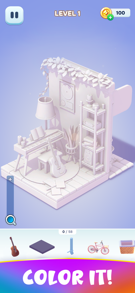Decolore - Um quebra-cabeça 3D isométrico de sala de música no jogo mobile Decolore onde os jogadores colocam itens para adicionar cor