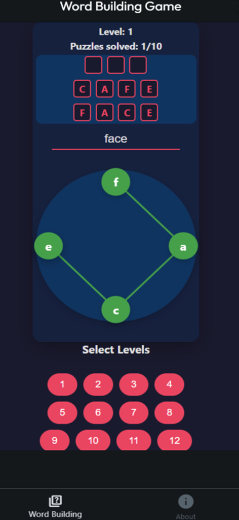 Word Building Game: Word Maker - Screenshot of Word Building Game app showing a circular letter puzzle and level selection screen