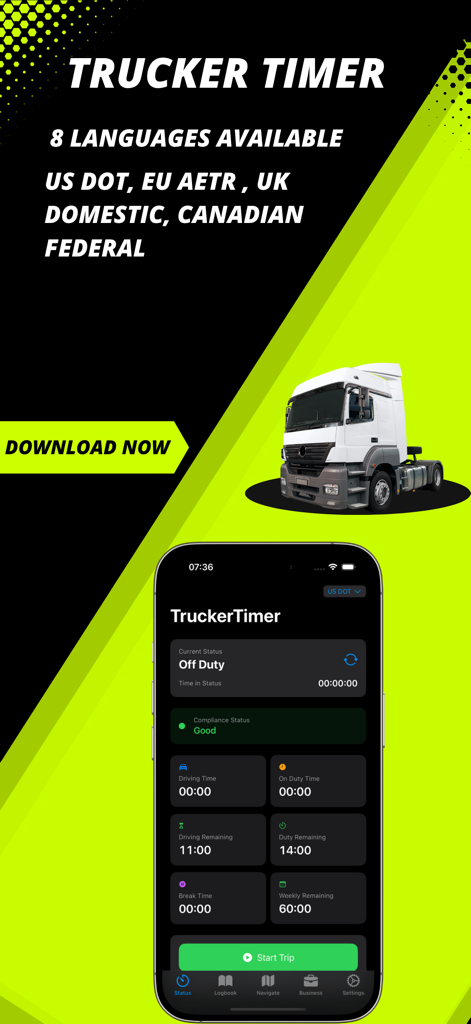 Trucker Timer app interface for monitoring HOS compliance and driving time