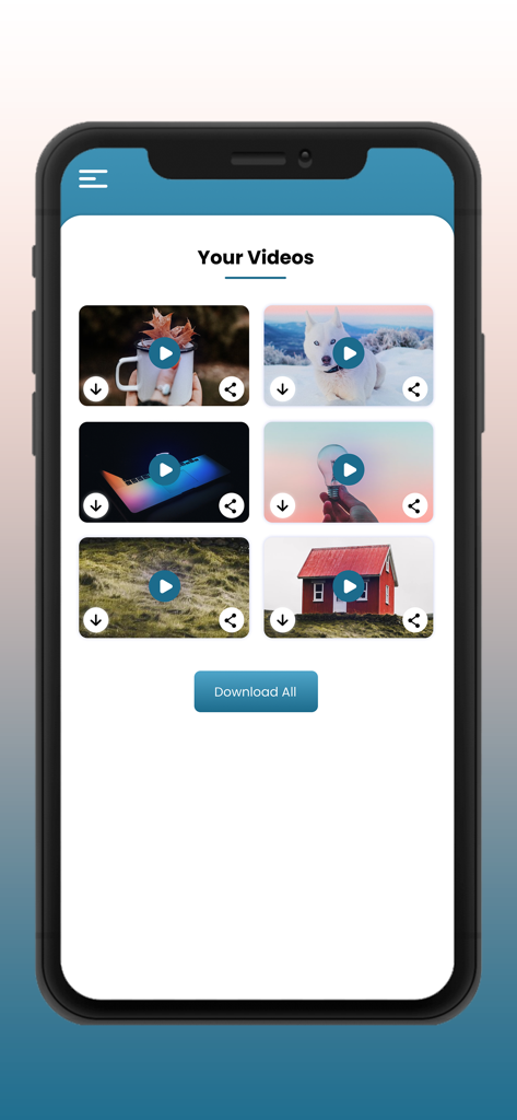 Interface de um aplicativo móvel exibindo uma galeria de vídeos MP4 convertidos com opções para baixar e compartilhar arquivos individuais.