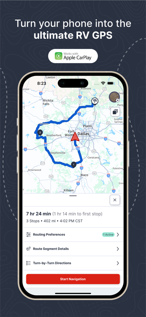RV LIFE app interface showing a planned RV-safe route on a GPS map.