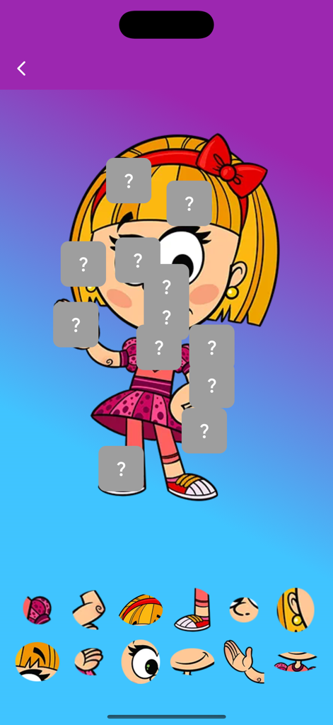 An interactive character puzzle game screen from the ABC Djeca app featuring a cartoon girl.