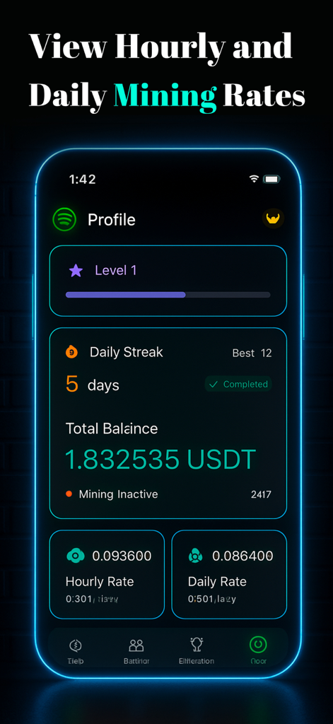 USDT Mining - Crypto Miner - Panel de perfil de la aplicación USDT Mining que muestra las tasas de minería simuladas por hora y por día