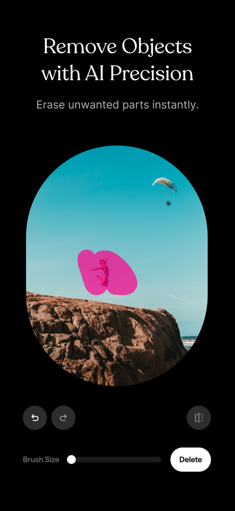 Remo・Remove Objects from Photo - Mobile app interface of Remo showing the AI object removal tool erasing a person from a landscape photo with precision.