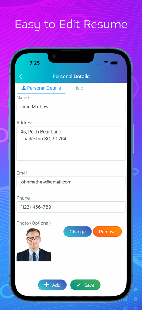Mobile app interface for editing personal details and profile photo on a resume