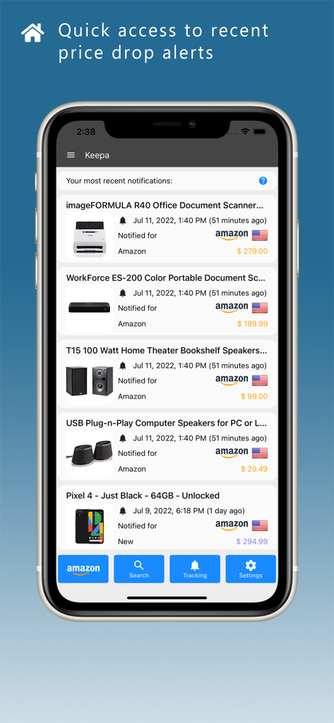 Keepa · Price Tracker - Keepaアプリの画面。Amazon商品の最近の値下げアラートを表示しています。