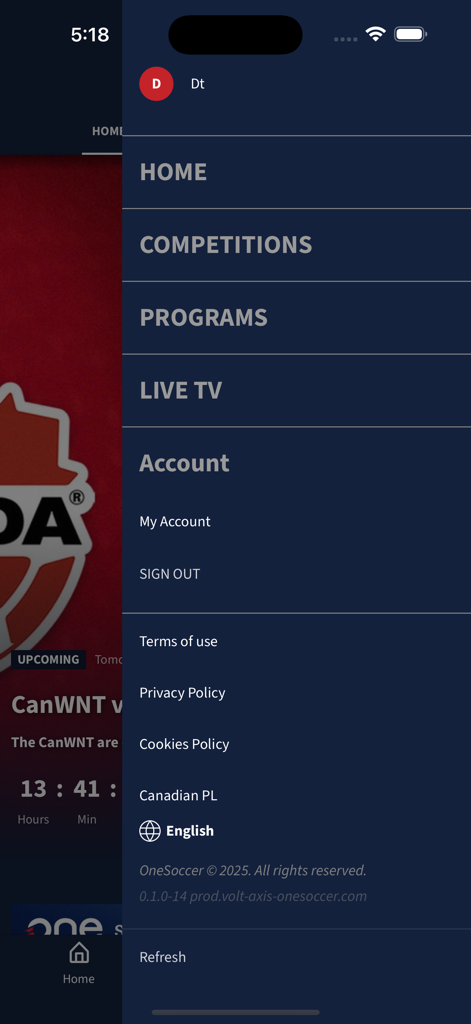 Barra lateral de navegación de la aplicación OneSoccer que muestra opciones de inicio, competiciones, programas y TV en vivo.