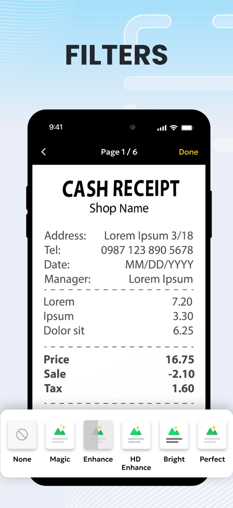 PDF Converter , Photo to PDF - Interfaccia dell'app mobile che mostra i filtri di miglioramento dell'immagine per una ricevuta in contanti scansionata
