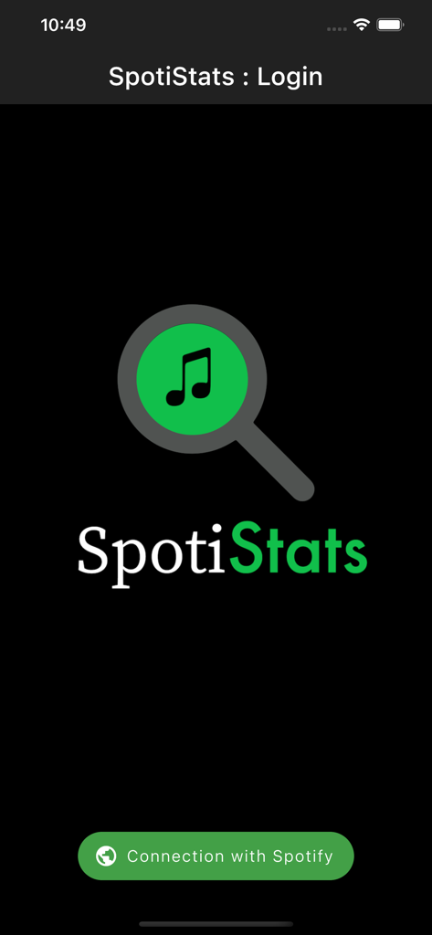 Login screen for the Staty for Spotify app featuring a button to connect with a Spotify account.