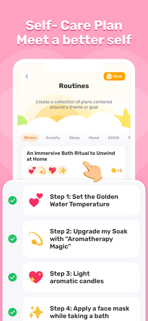 EaseMe:Self Care Pet Cat - EaseMe app interface displaying a four step self care plan for a relaxing bath ritual with checkboxes and cute icons