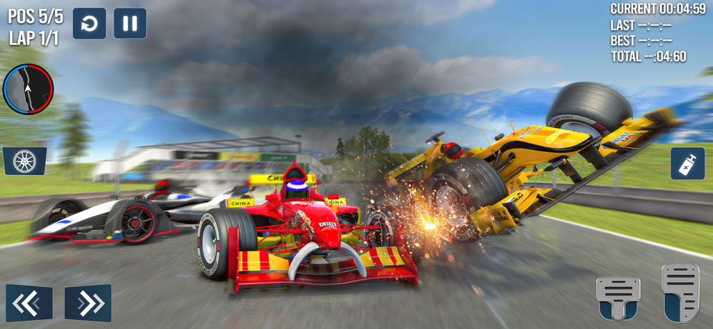 Extreme Formula Car Stunt Game - Dramatic high-speed crash between formula cars on a mountain racing track with sparks and flying vehicles.