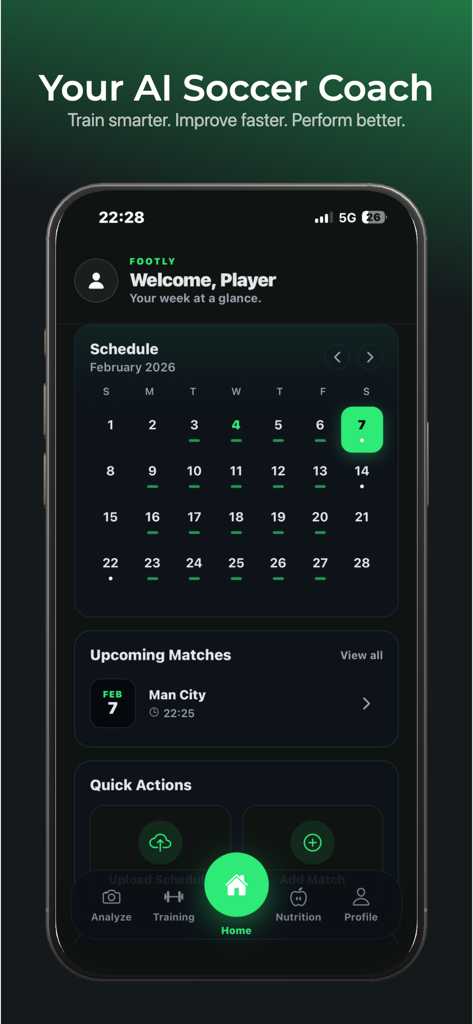 Footly: AI Soccer Coach. - Pantalla de inicio de la aplicación de entrenamiento de fútbol Footly IA que muestra un calendario de planificación de entrenamiento y detalles del próximo partido en una interfaz de smartphone.