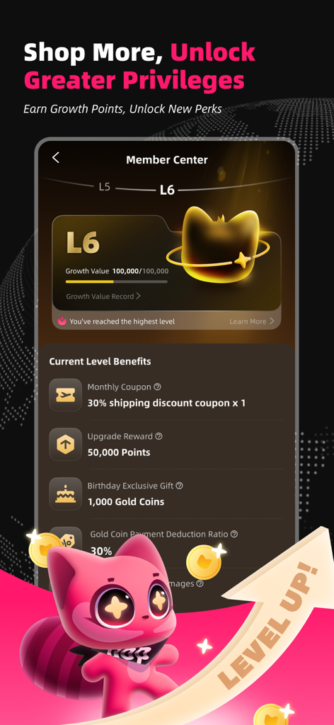 Oopbuy app Member Center interface displaying level 6 rewards and membership perks