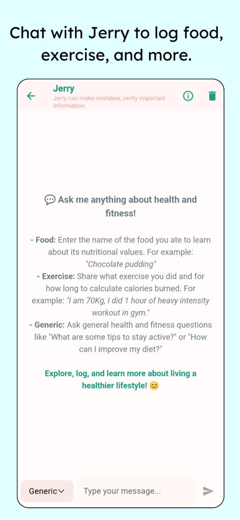 Healthyhold - Interface do assistente de saúde com IA do HealthyHold chamado Jerry para registrar alimentos e exercícios