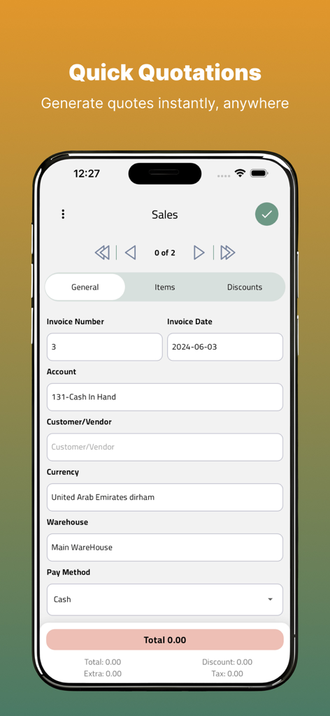 Xtra Go - Interface móvel do aplicativo Xtra Go mostrando a tela de vendas para gerar cotações e faturas comerciais rápidas.