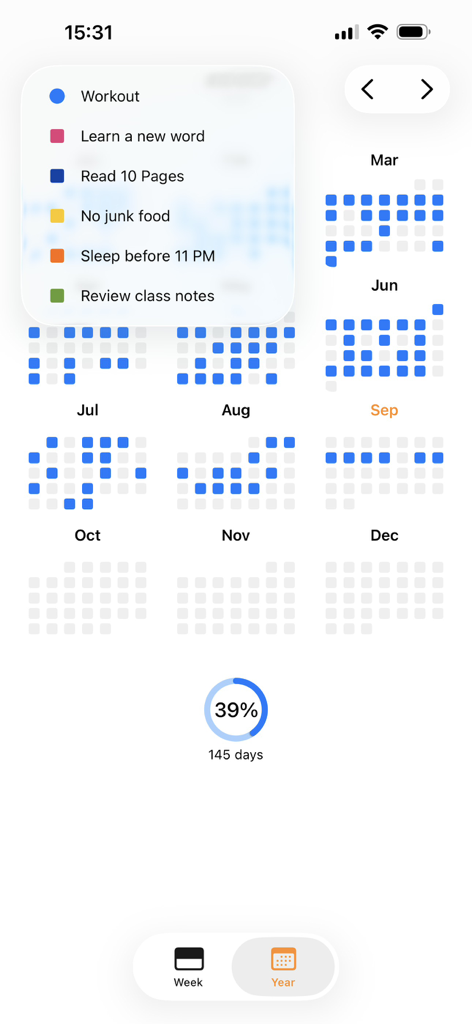 Grow - Habit Tracker - A yearly progress grid in the Grow app showing habit completion stats and a list of daily goals.