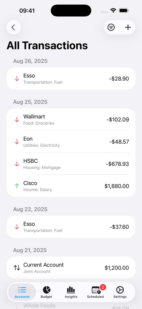 List of transactions in Indigo Money showing expenses and income by date with categories like fuel groceries and mortgage