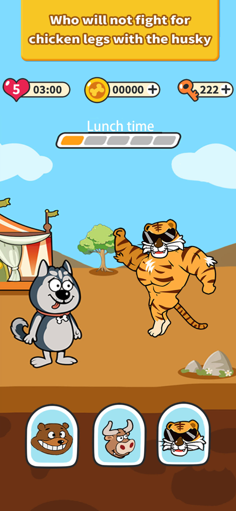 Husky Mind - Livello del gioco di puzzle Husky Mind con un husky e una tigre muscolosa con un indovinello difficile