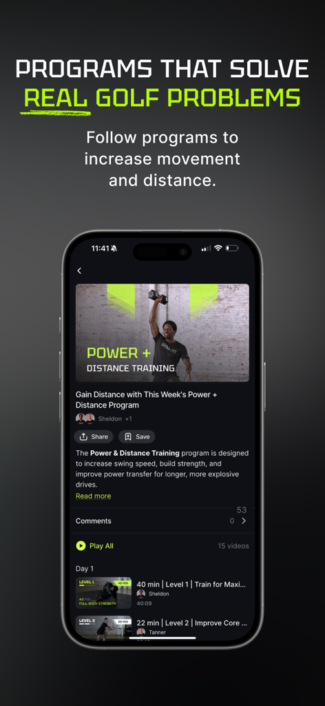 Golf Fit - Golf Fit app interface showing power and distance training programs for golfers