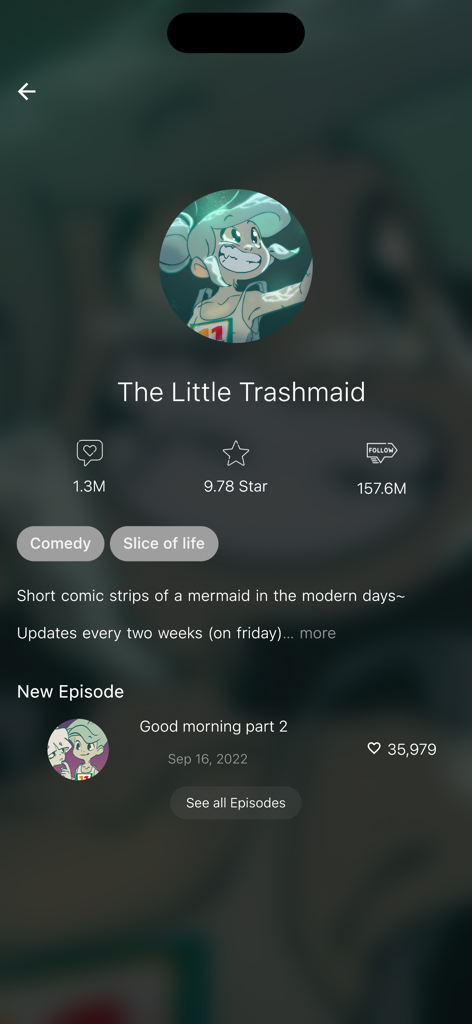 Details page for The Little Trashmaid comic within the Asuratoon manga tracker app showing ratings and episode updates.