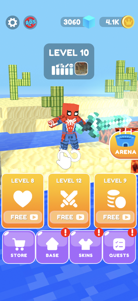 Ninja Sword: Ragdoll swordsman - Menú principal de Ninja Sword Ragdoll swordsman mostrando un personaje de superhéroe pixelado con una gran espada y mejoras de nivel