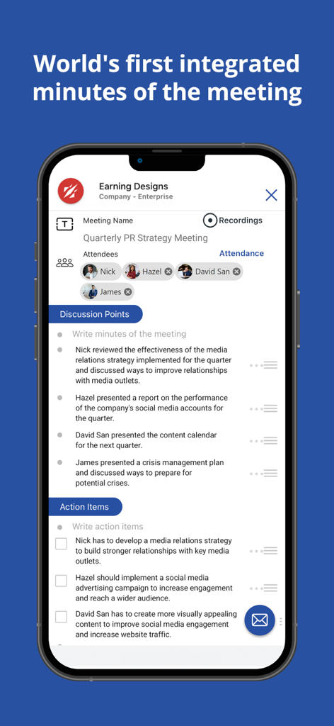 Qik Office - Qik Office mobile app showing integrated meeting minutes with discussion points and action items