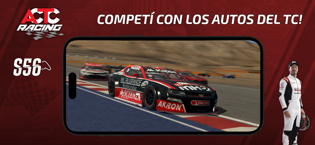 Jugabilidad del simulador móvil ACTC Racing mostrando un auto de Turismo Carretera en una pista