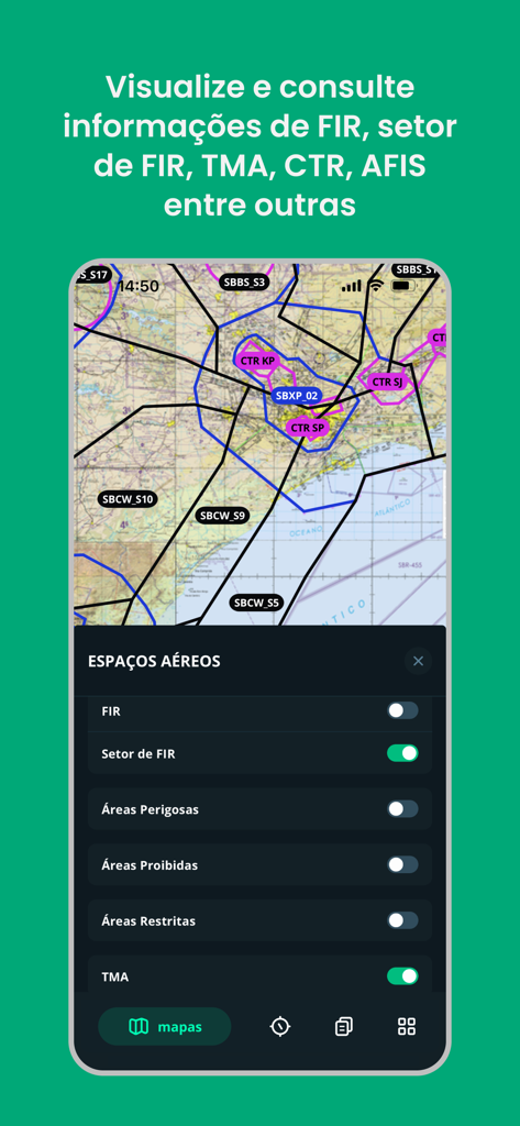 Application d'aviation NexAtlas montrant des couches d'espace aérien aéronautique comme FIR et TMA sur une carte de navigation