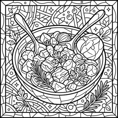 Dive into the delicious details of this hearty pork stew, beautifully rendered in a captivating stained glass style. This unique coloring page offers a blend of culinary comfort and artistic challenge, perfect for an engaging creative session.