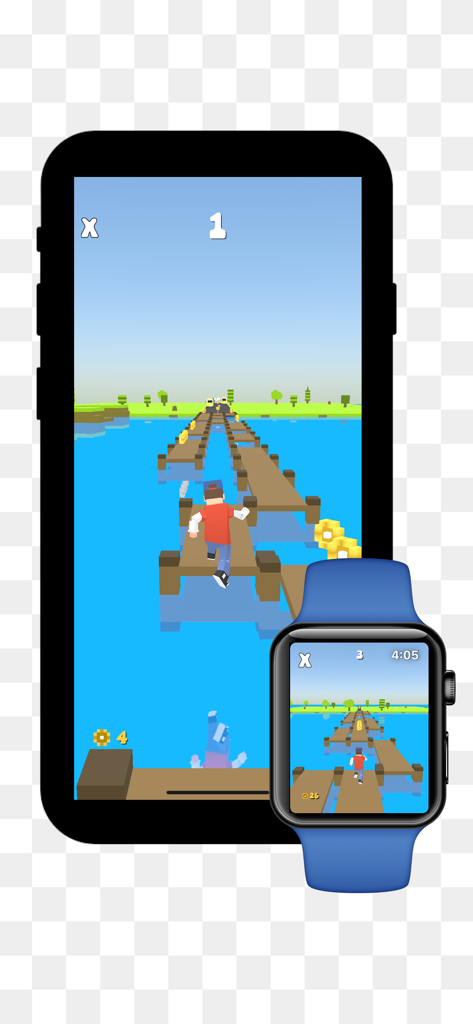 Gameplay di Block Run World che mostra il runner voxel su entrambi gli schermi di iPhone e Apple Watch