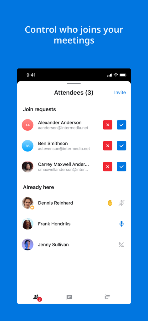 AnyMeeting app screen for managing meeting attendees and join requests
