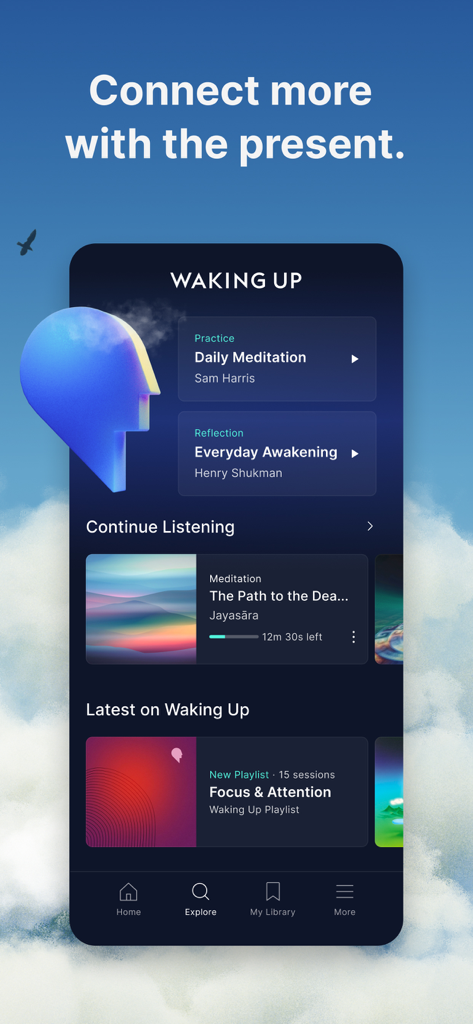 Waking Up: Meditation & Wisdom - Home screen of the Waking Up meditation app featuring daily practices and mindfulness courses