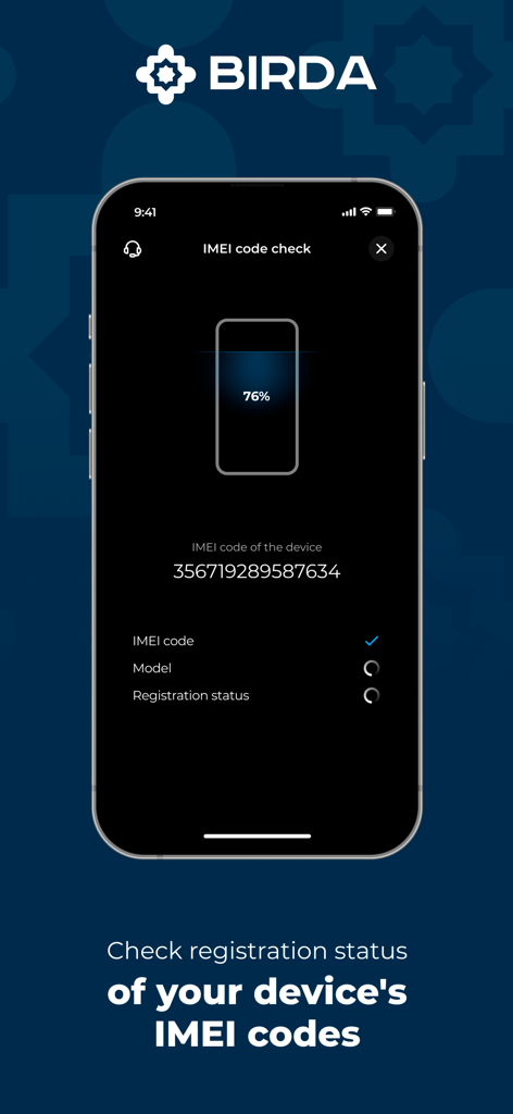 Register IMEI in Uzbekistan - BIRDA app screen displaying the status and verification progress of a mobile device IMEI code for Uzbekistan registration