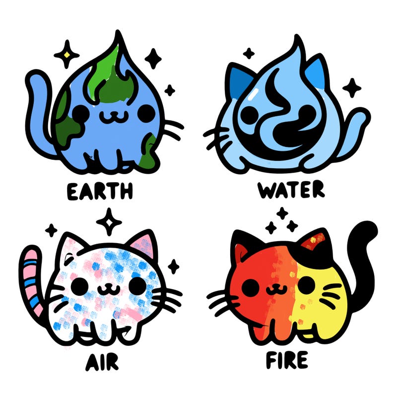 4 cats that represent the different elements, earth, water, air, and fire