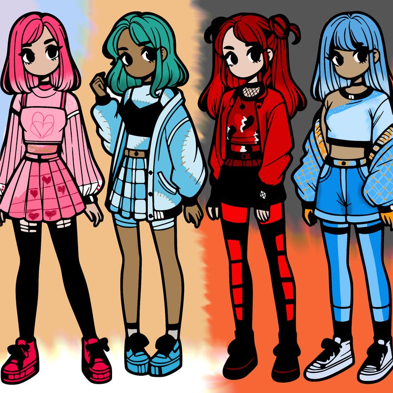 one girl with crop-top shirt and a jacket with a skirt, long socks and another girl with a shirt and pants with a jacket