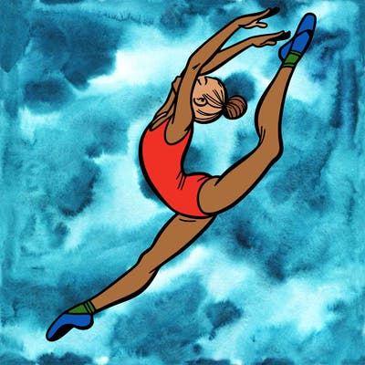 gymnast doing a leap in a leotard with a bent back leg