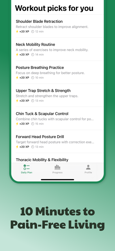A list of 10 minute workout routines for neck mobility and posture correction in the Necklo app