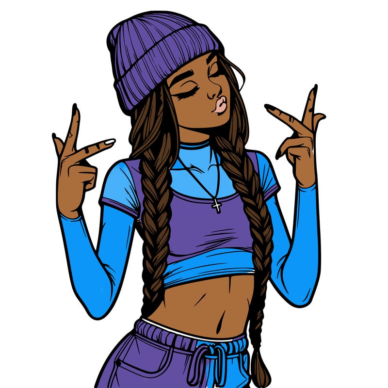 realistic teenage girl with braids and a beanie and crop top doing 🫶🏼