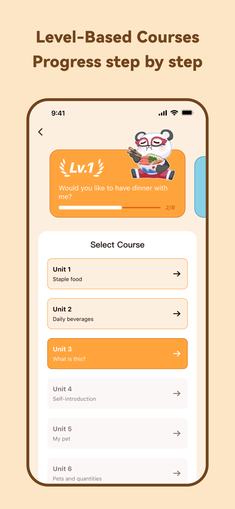 Chinesia - AI Learn Chinese - Chinesia app screen showing level-based Chinese course units with a progress tracker and a cartoon panda.