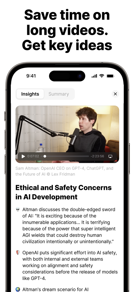 Eightify mobile app interface displaying AI generated key insights and summaries from a YouTube video