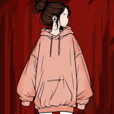 realistic girl with a oversized sweatshirt on and a bun
