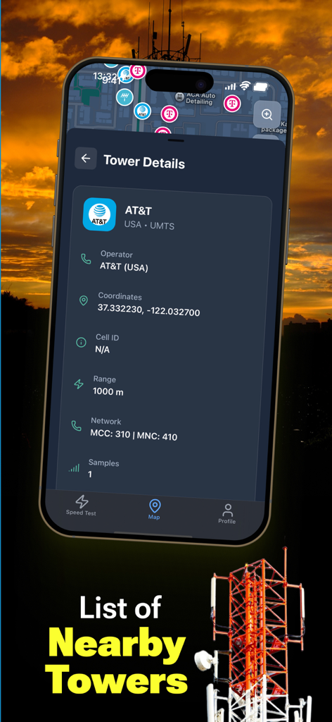 Cellular Tower － Finder Signal - 夕日の背景に対してAT&Tオペレーターデータと座標を含むセルタワーの詳細情報を示すモバイルアプリのインターフェイス。