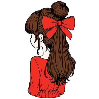realistic girl  with hip length hair a bun and a big bow on the back of head
