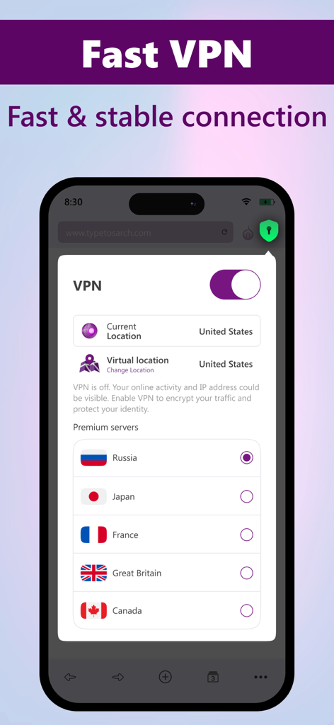 TOR Browser, Prosec Onion VPN - Pantalla de selección de servidores VPN en la aplicación del Navegador TOR de Prosec mostrando múltiples ubicaciones globales.
