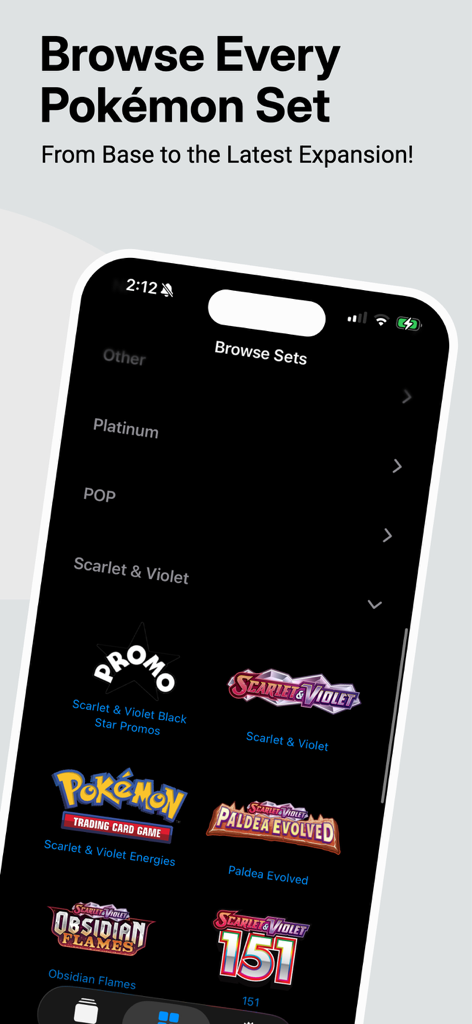 Poké Pricer: Pokemon Scanner - A mobile app screen titled Browse Sets showing various Pokemon TCG expansions like Scarlet and Violet and Paldea Evolved