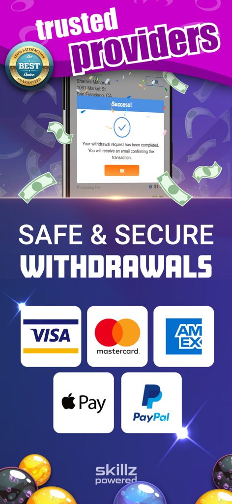 A graphic showing safe and secure withdrawal options including Visa, Mastercard, American Express, Apple Pay, and PayPal for the game.