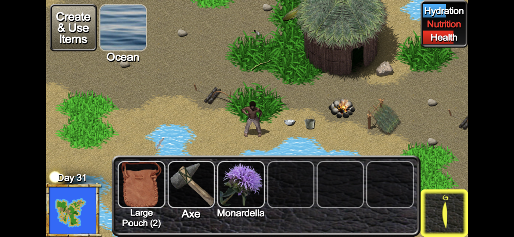 Stranded Without A Phone! - Top down gameplay view of a survival game on an island showing a character shelter inventory and health meters